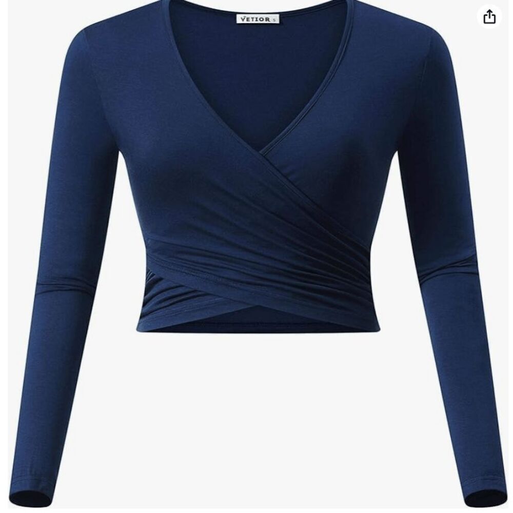 VETIOR Deep V Neck Long Sleeve Unique Slim Fit Cross Wrap Crop Top- Size L - Picture 2 of 10
